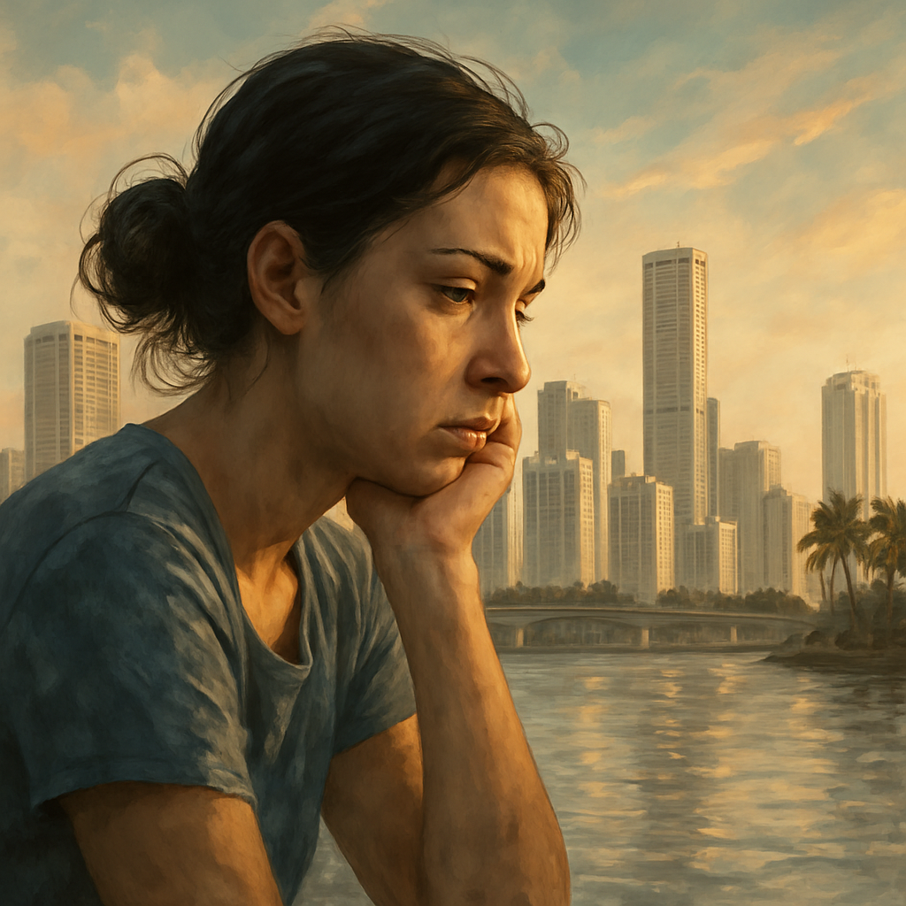 Mujer mirando la costa de Miami con expresión ansiosa — ansiedad en Miami