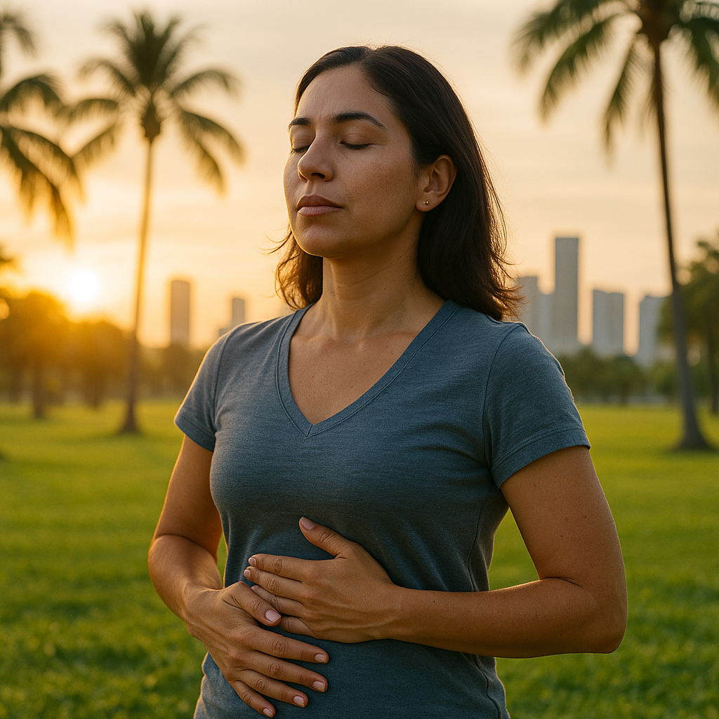 Mujer respirando profundamente en un parque de Miami — técnicas de respiración para la ansiedad