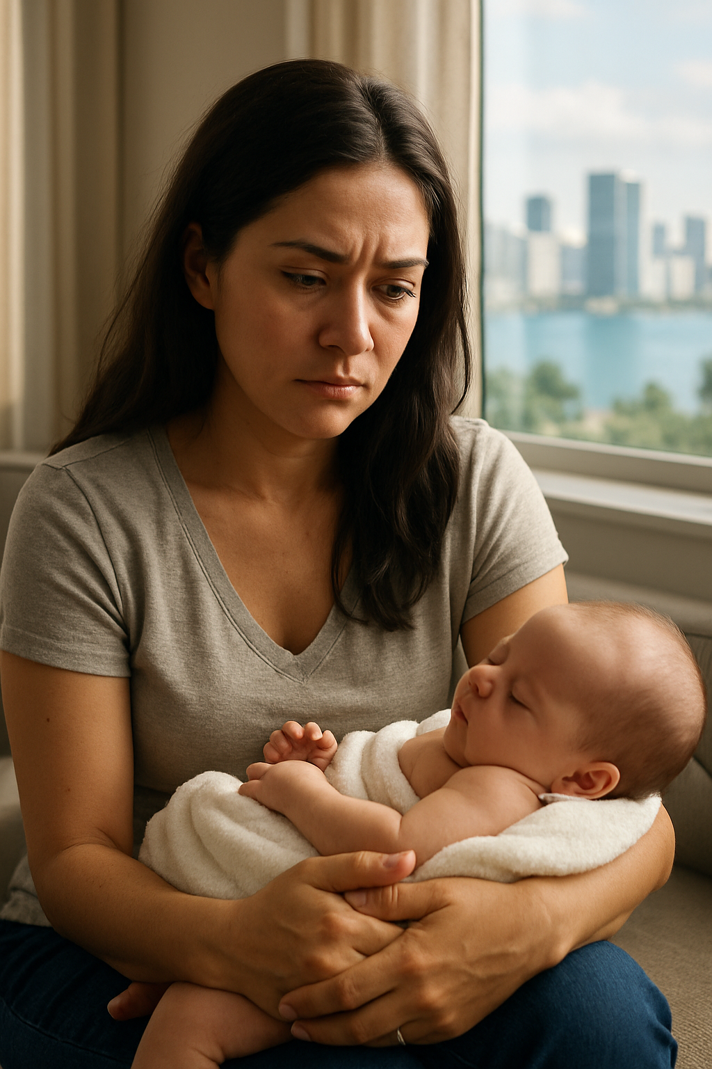 Madre en Miami mirando a su bebé con expresión seria — depresión postparto en Miami