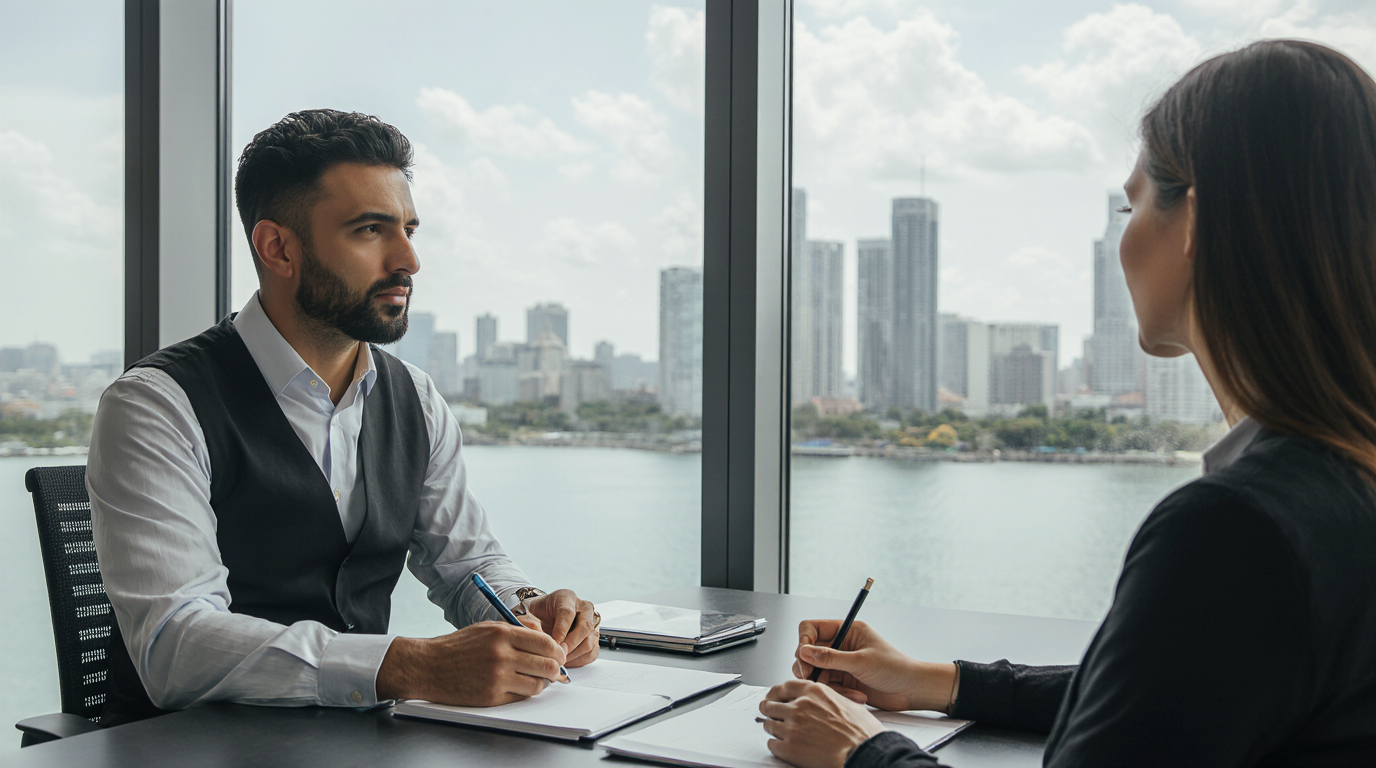 Psicólogo y paciente analizan pensamientos en consulta — terapia cognitivo-conductual en Miami